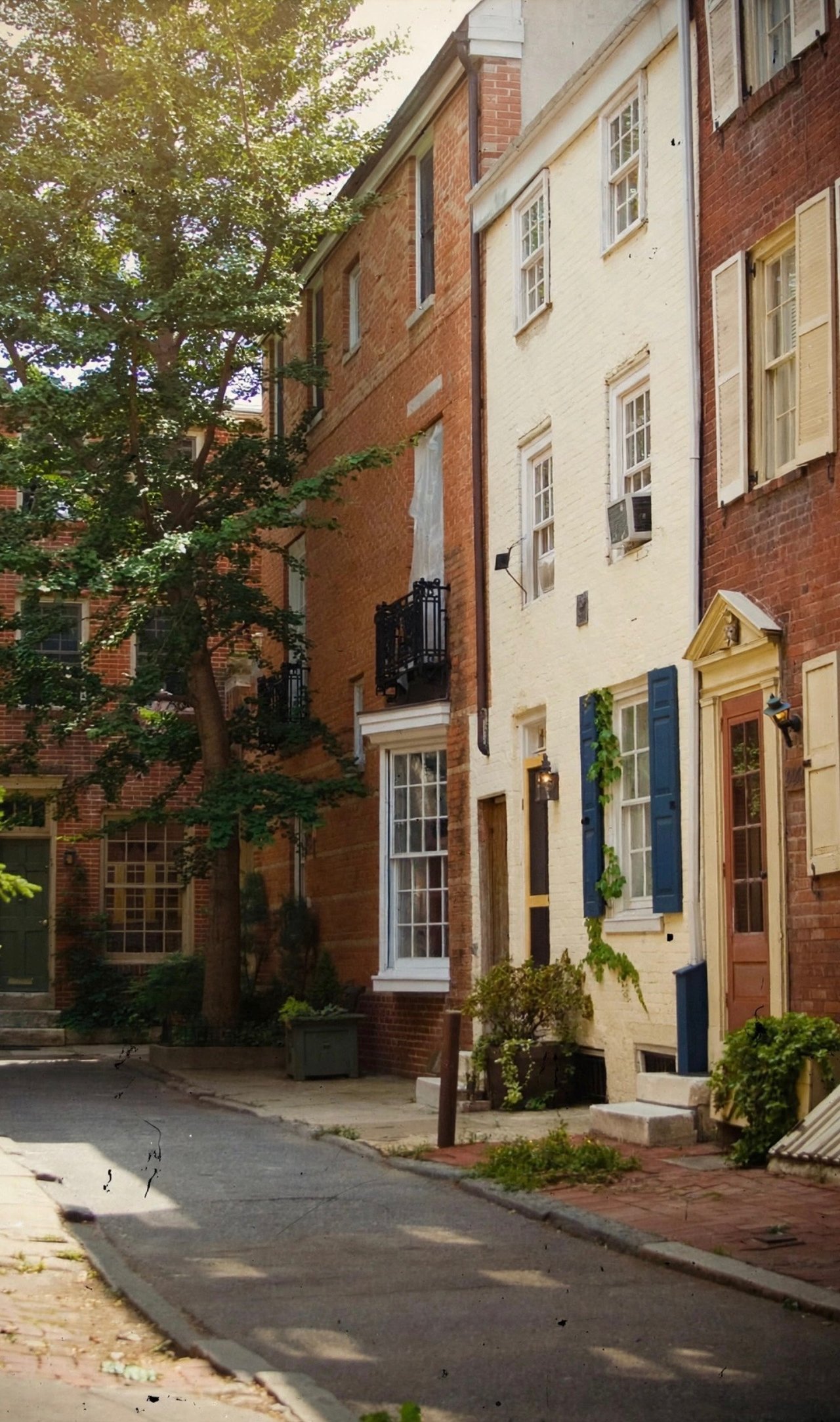 Philadelphia row homes with brick façades, colorful shutters, and a tree-lined street.
