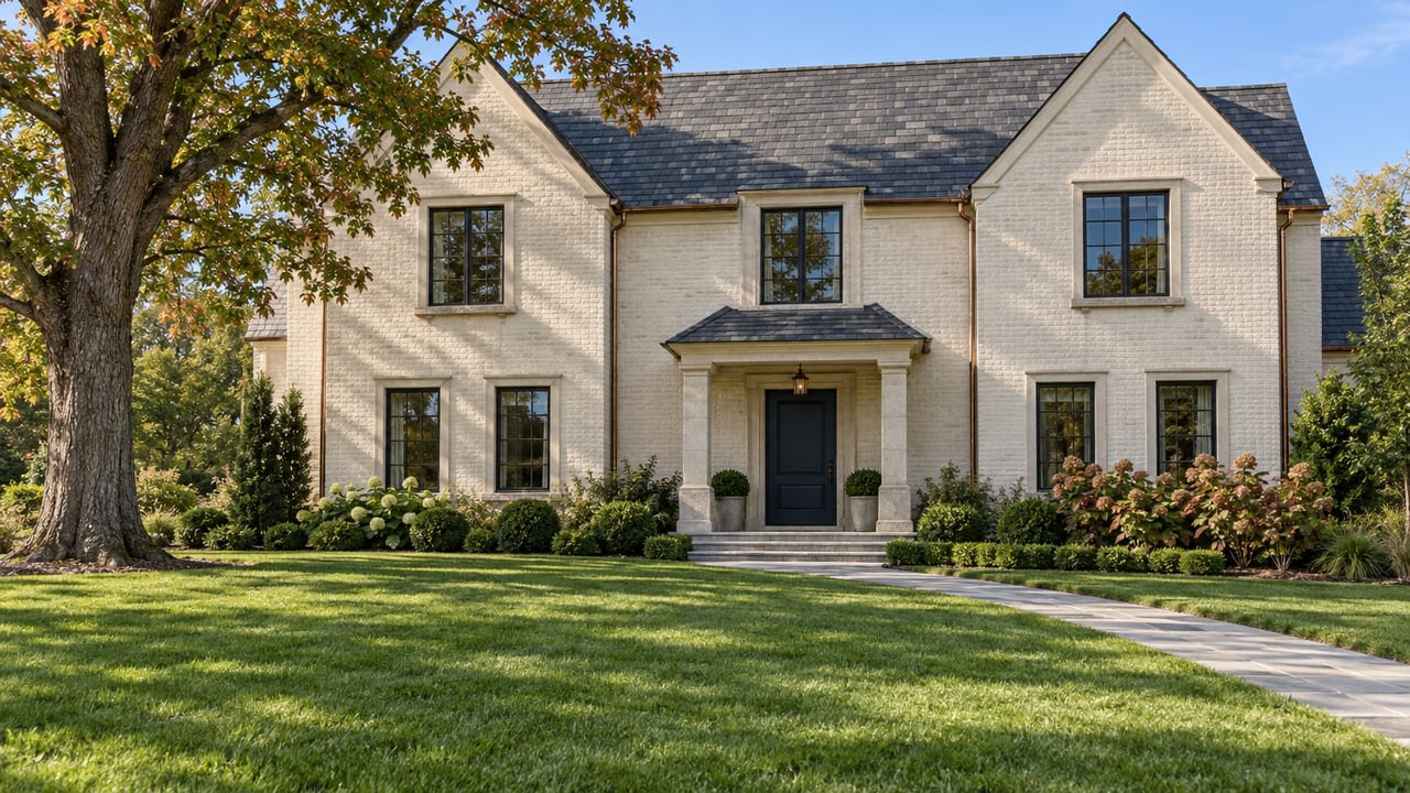 A pale brick gabled home with a navy front door, limestone approach and broad lawn beneath a mature oak.