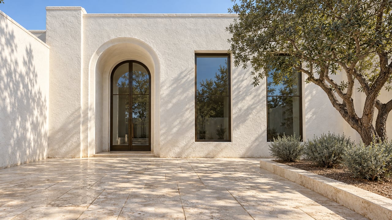 White stucco courtyard home with an arched glazed entry, bronze-framed windows, limestone paving, and a sculptural sand live oak.
