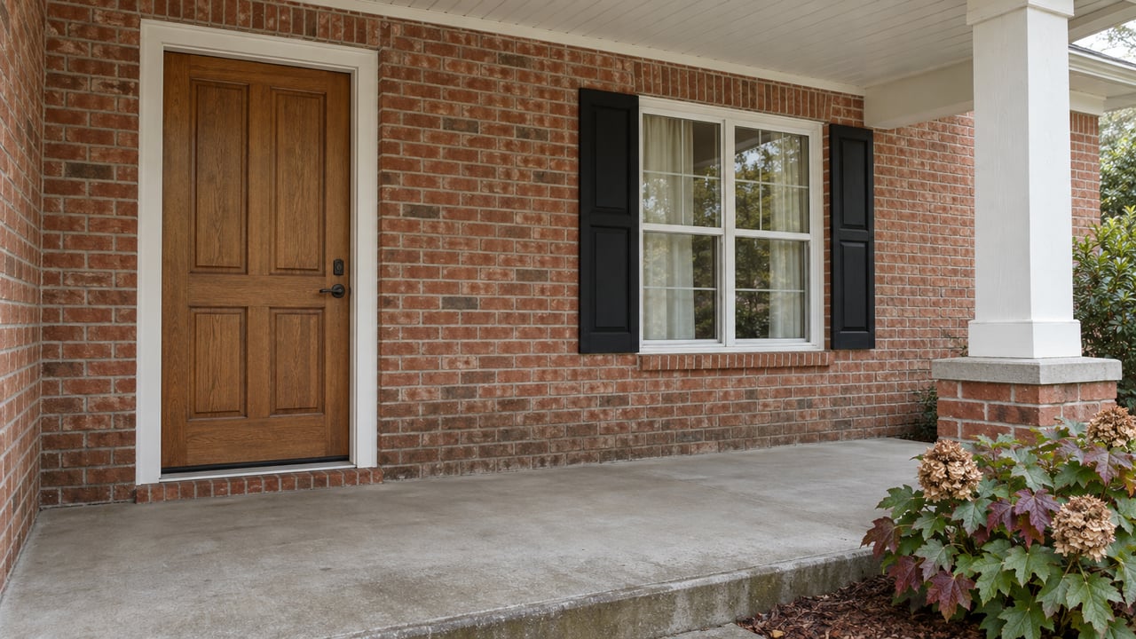 Covered porch with a natural wood front door, red brick walls, a shuttered window and oakleaf hydrangea beside the concrete edge.