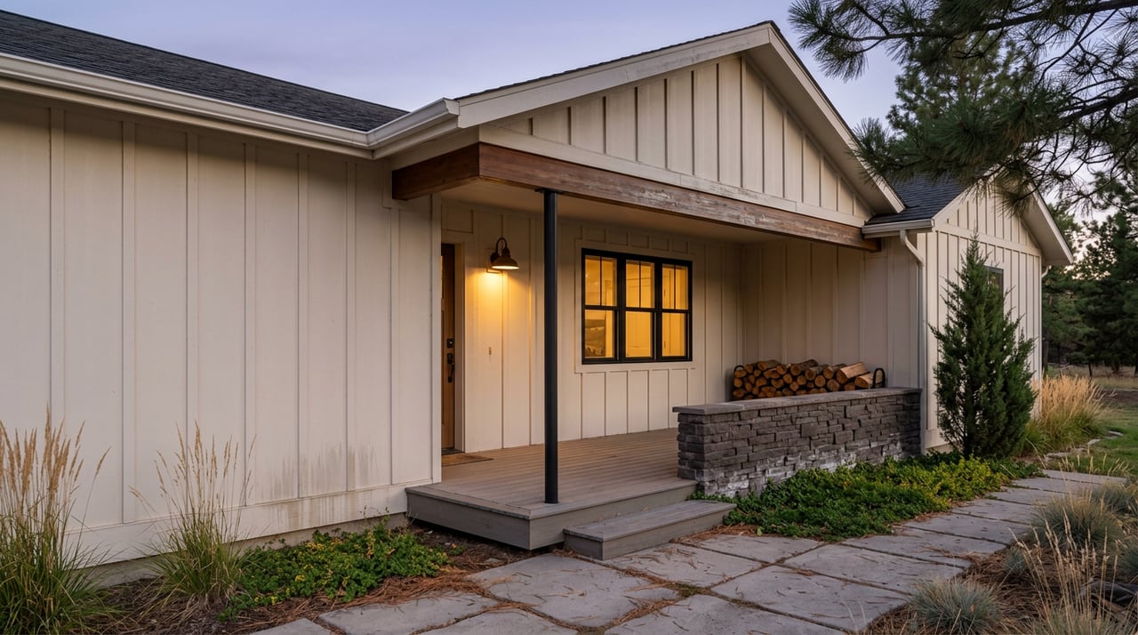Covered porch with a glowing black-framed window, patinaed iron sconce, stone wall, and paver walkway.