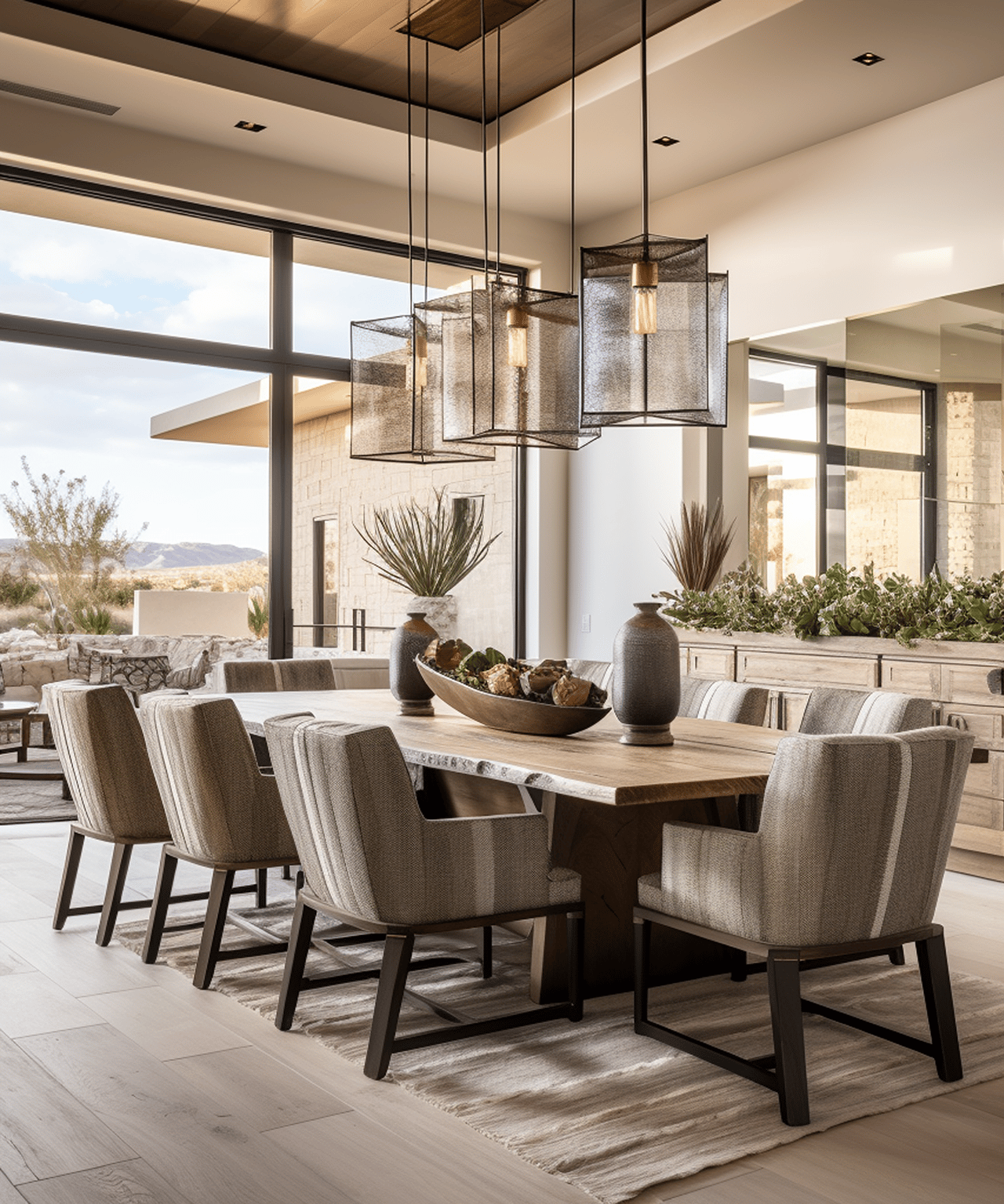 Modern dining room with a long wood table, sculptural pendant lights, and mountain views through large windows.