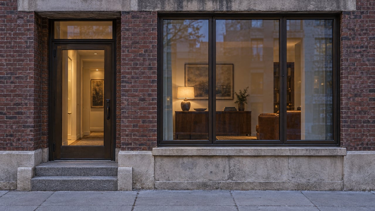 A bronze-framed loft entrance and illuminated residential window set into weathered red brick above shallow granite steps at dusk.