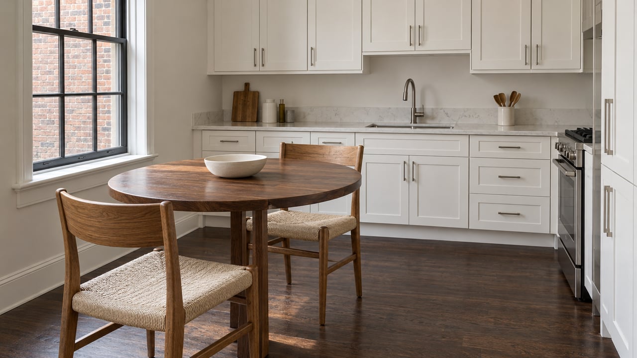 Daylit breakfast corner with a walnut table, two oak chairs, dark wood floors and white shaker kitchen cabinetry.