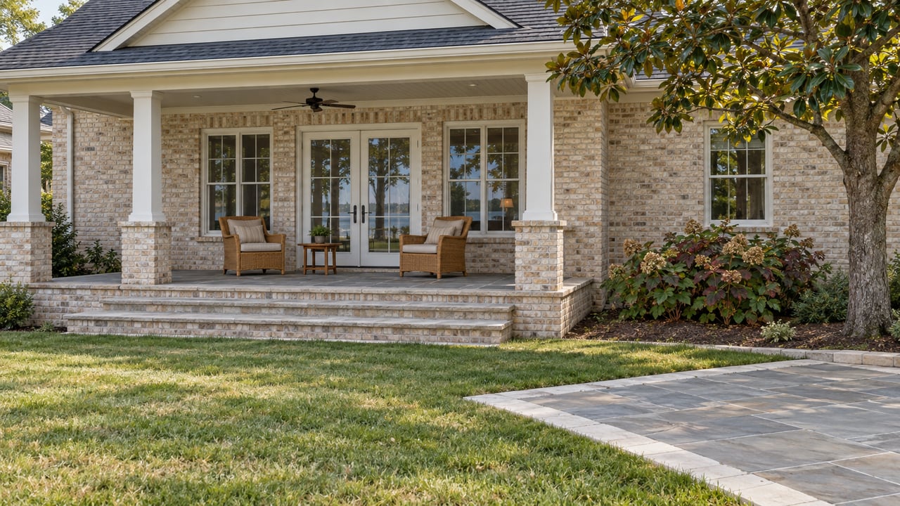 Cream-gabled brick home with a covered stone porch, woven chairs, broad steps, and a gently sloping lawn.