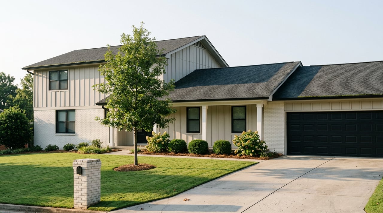 Split-level house with warm-white brick, greige siding, black garage door, and a tree on the front lawn.