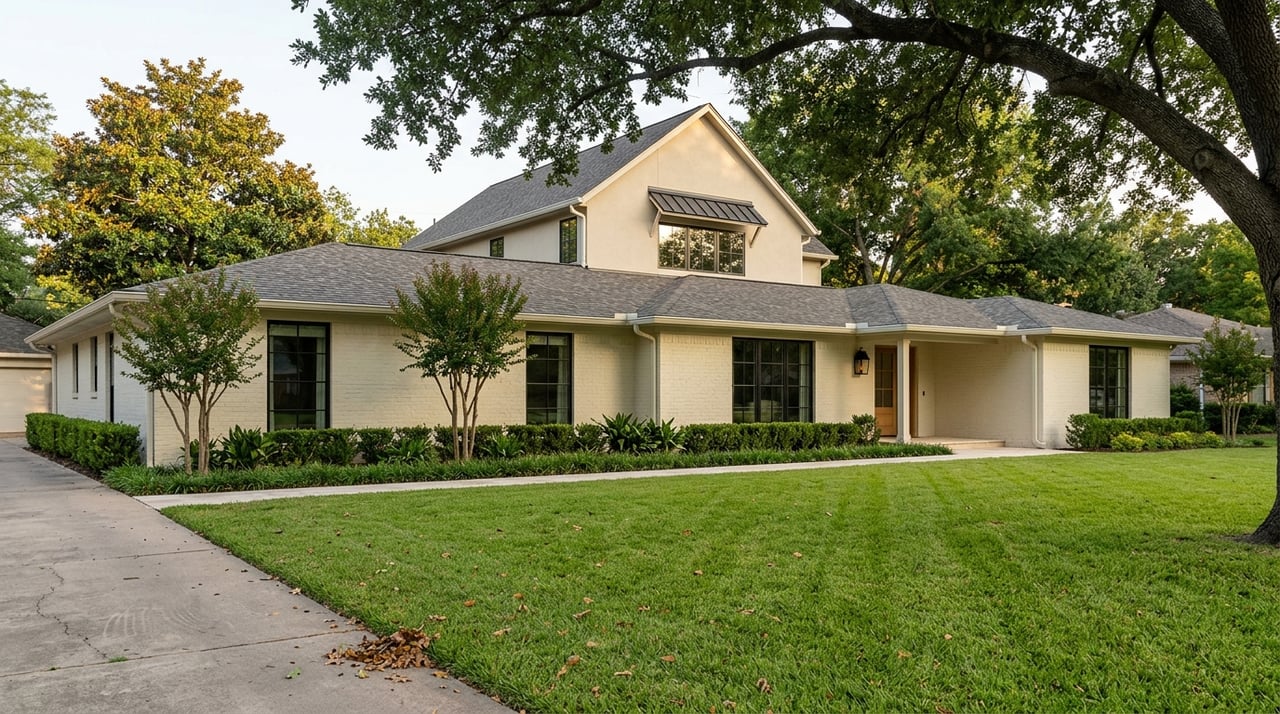 Renovated brick ranch with a set-back two-story gabled addition, specimen tree, and deep front lawn.