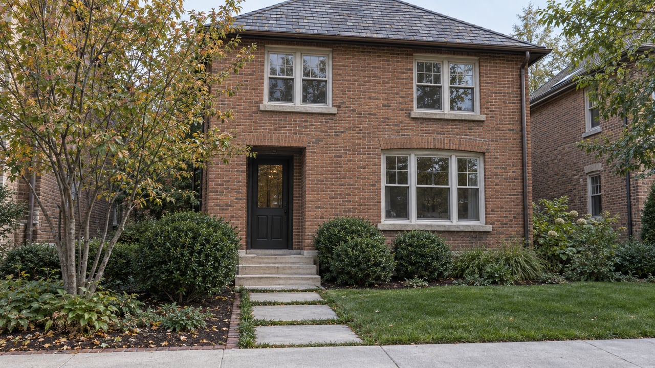 Detached brick house with a slate roof, limestone stepping path, small lawn, and garden shrubs.