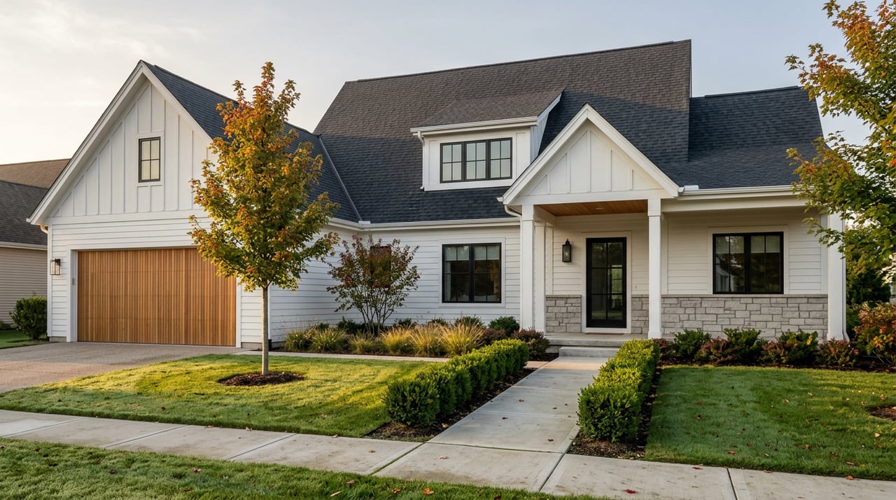 White farmhouse with a stone entry, wood-slat garage door, and a red maple in its deep front lawn.