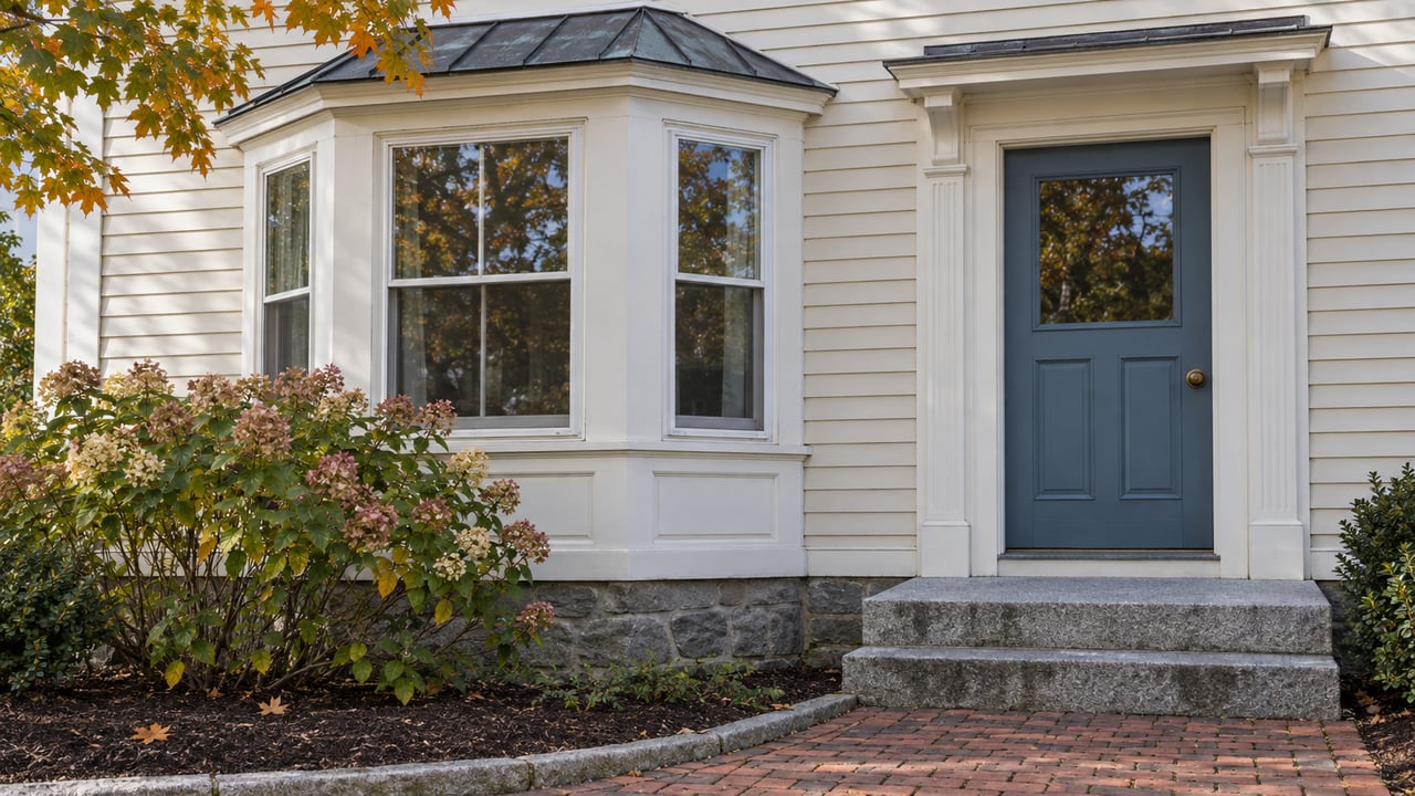 Ivory clapboard home with a three-sided bay window, blue entry door, granite steps and fading hydrangea flowers in autumn daylight.