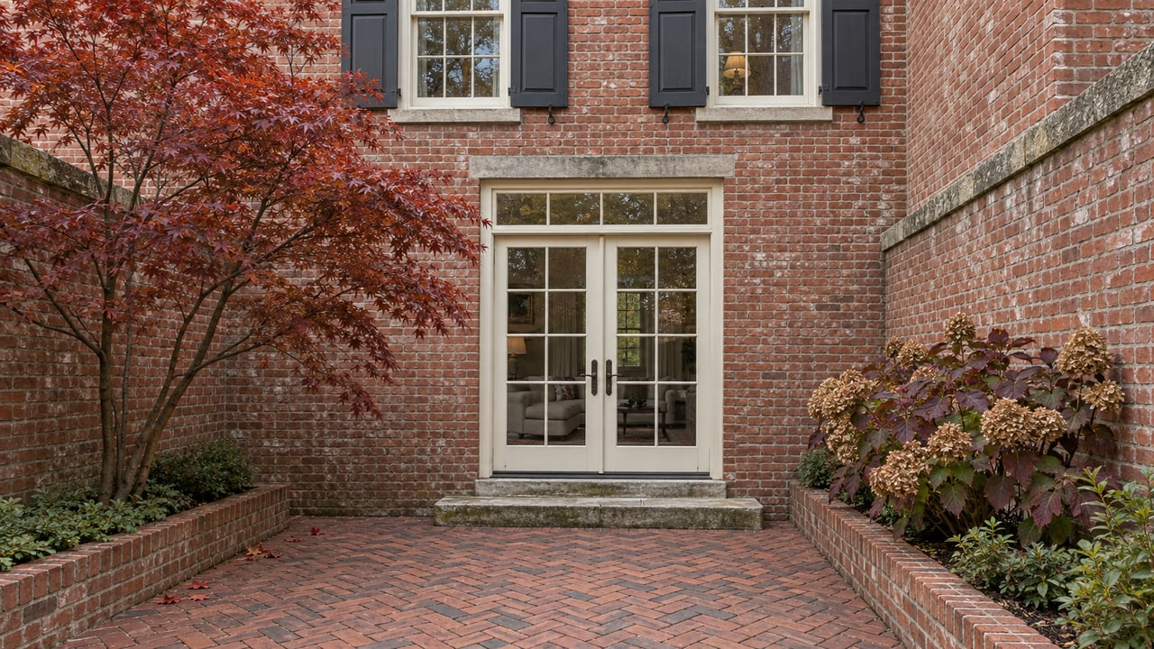 An intimate brick courtyard facing ivory French doors and shuttered windows, framed by autumn Japanese maple and oakleaf hydrangeas.