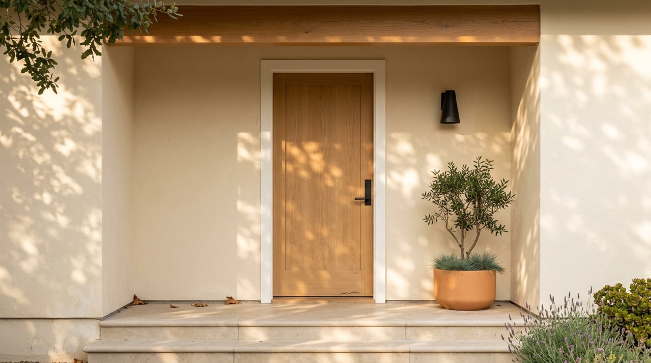 Oak front door in cream stucco entry, dappled sunlight across limestone steps, terracotta planter.