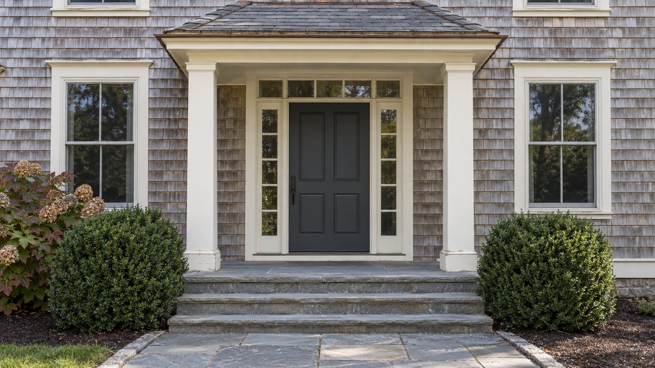 Weathered cedar-shingle house entry with ivory columns, a charcoal door, bluestone steps and carefully edged autumn planting beds.