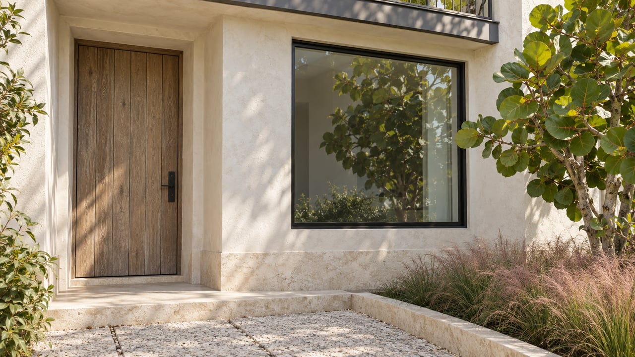Coastal townhouse entry with a weathered oak door, black-framed window, limestone landing, and broad-leaved planting.