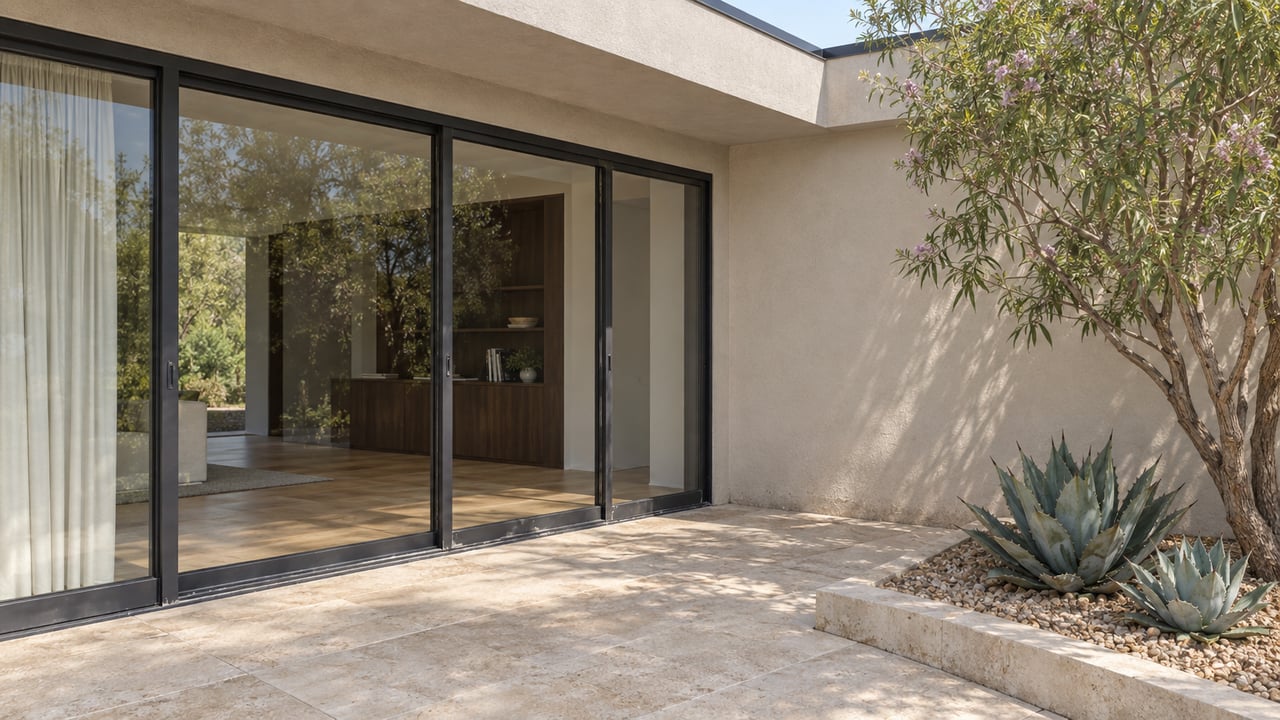 Covered patio corner with warm stucco, charcoal-framed glass doors, limestone paving, a desert willow and two agave rosettes.
