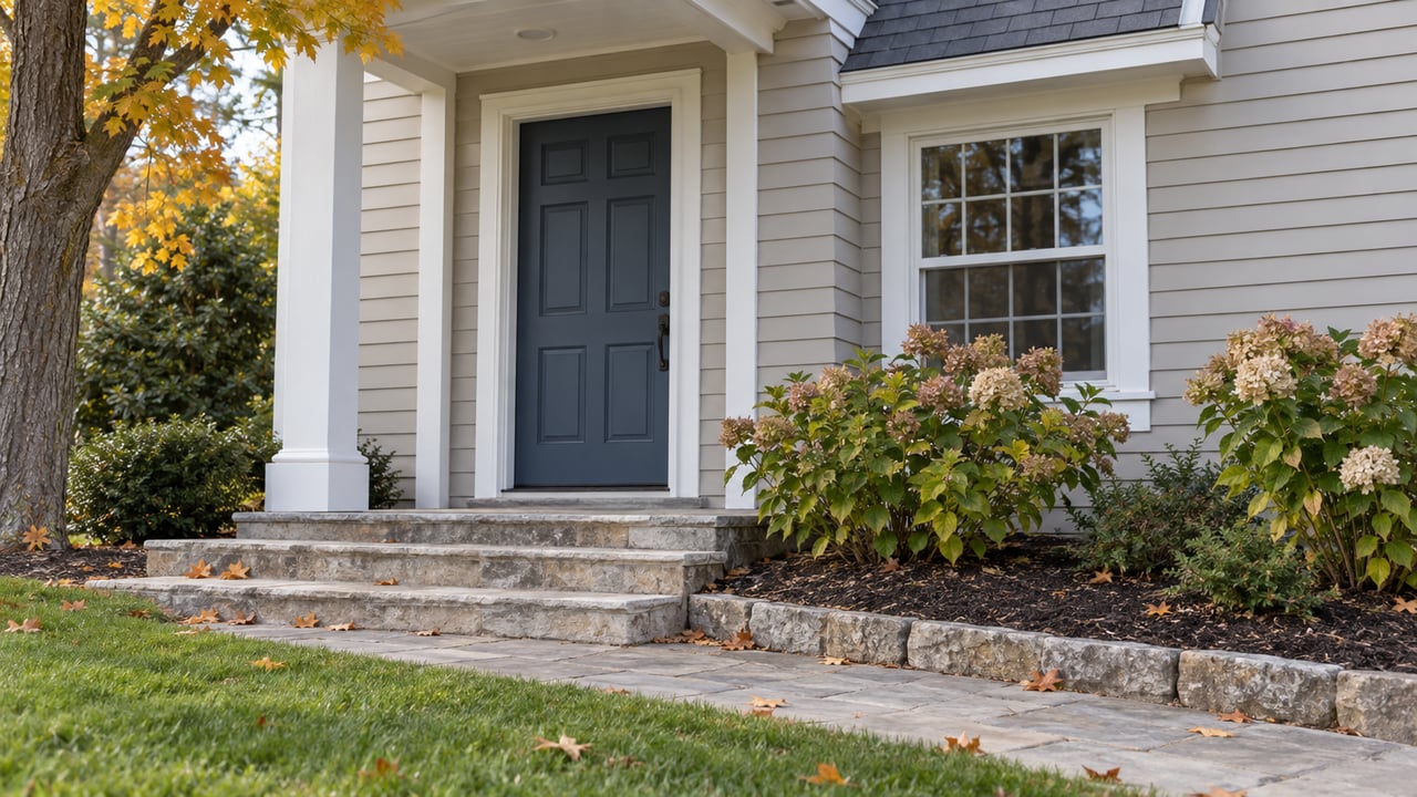 House entry with a slate-blue door, limestone steps, hydrangeas, and amber leaves on the lawn.