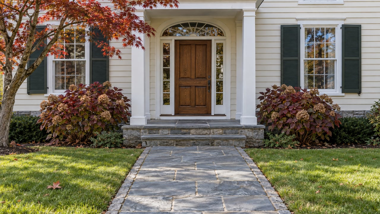 Cream clapboard home with a white portico, oak front door, gray stone approach and autumn garden planting.