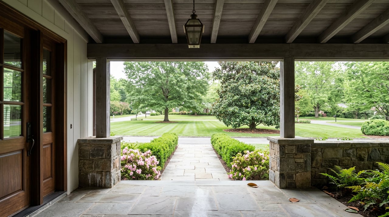 Stone portico frames a broad lawn with a rounded oak, a magnolia, and a clipped hedge along the walk.
