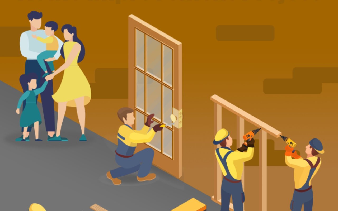 Family watches contractors install a window and build a wooden frame.