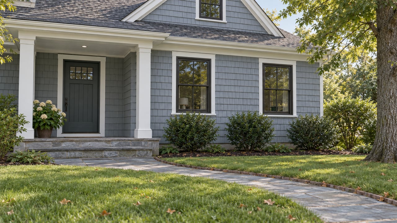 Blue-grey shingled house with a white-columned porch, curved bluestone path, broad lawn, and mature oak.
