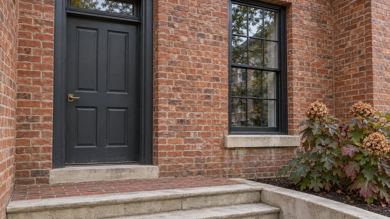 A charcoal townhouse door and divided-light window in weathered red brick above limestone steps, beside an oakleaf hydrangea.