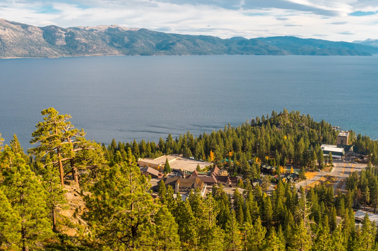 Aerial view of Cal Neva Lodge and Crystal Bay redevelopment near Incline Village homes and Lake Tahoe