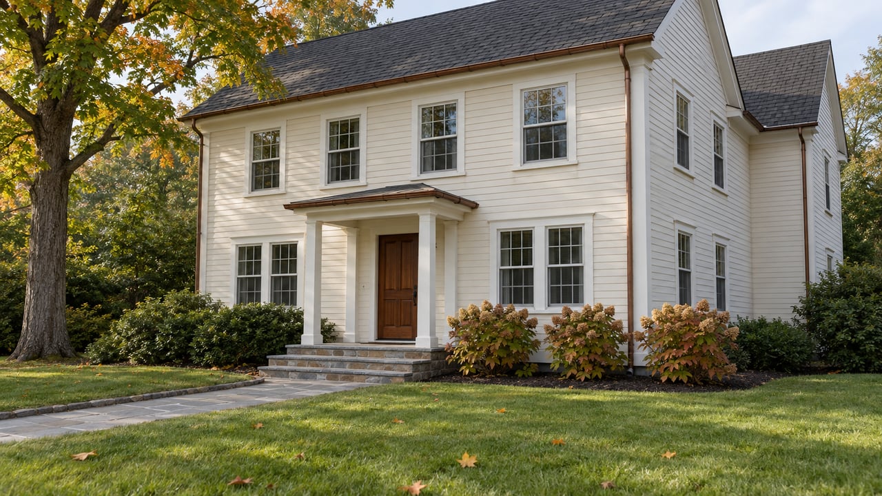 Cream clapboard home with gabled roofs, walnut front door, bluestone entry walk and a broad autumn lawn beside a mature maple.