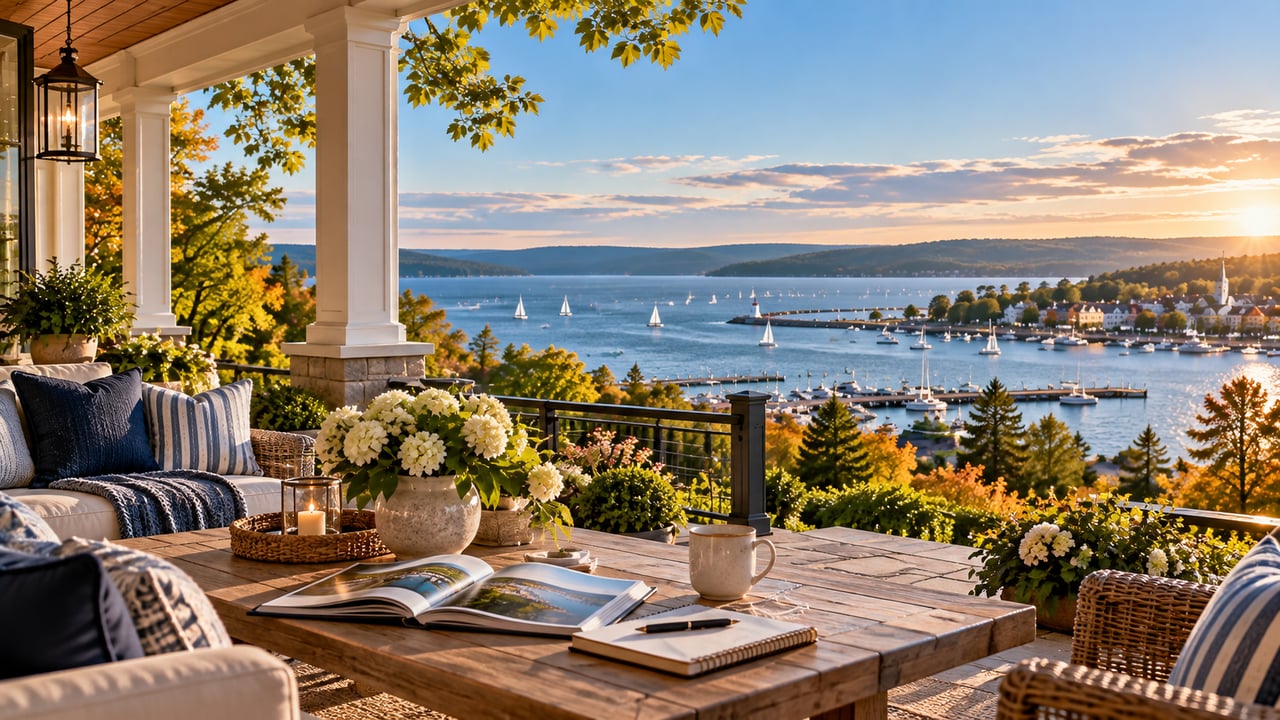 Covered terrace overlooking a sailboat-filled harbor, with cushioned seating and flower planters.