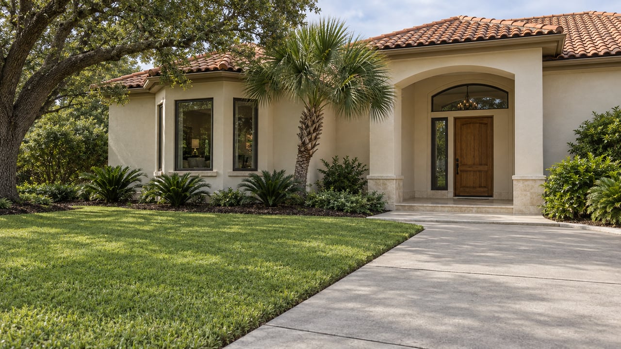 Cream stucco home with a terracotta tile roof, a recessed oak entry and a broad lawn framed by mature specimen trees.