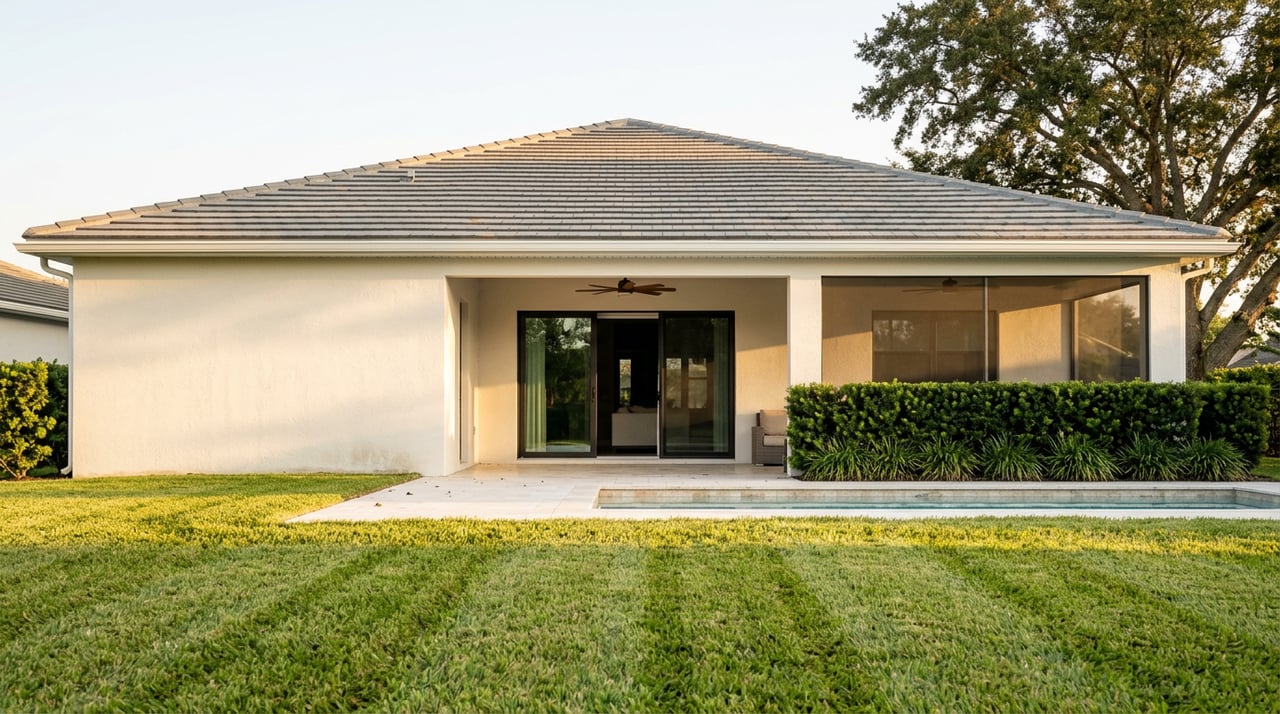 Contemporary home with a covered lanai and pool beyond a broad, striped lawn, framed by a mature oak tree.