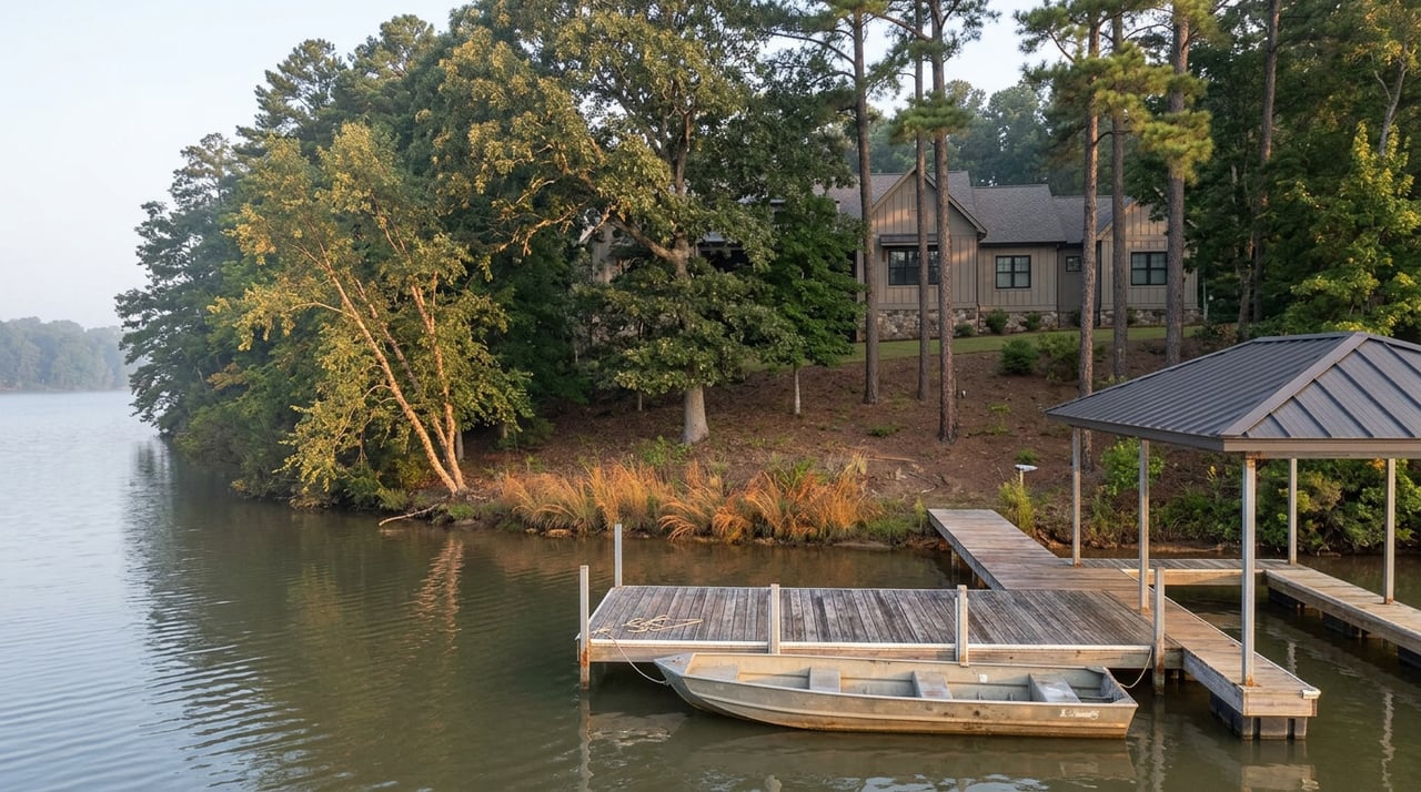 Dock and covered slip over water, with a home partly visible through trees.