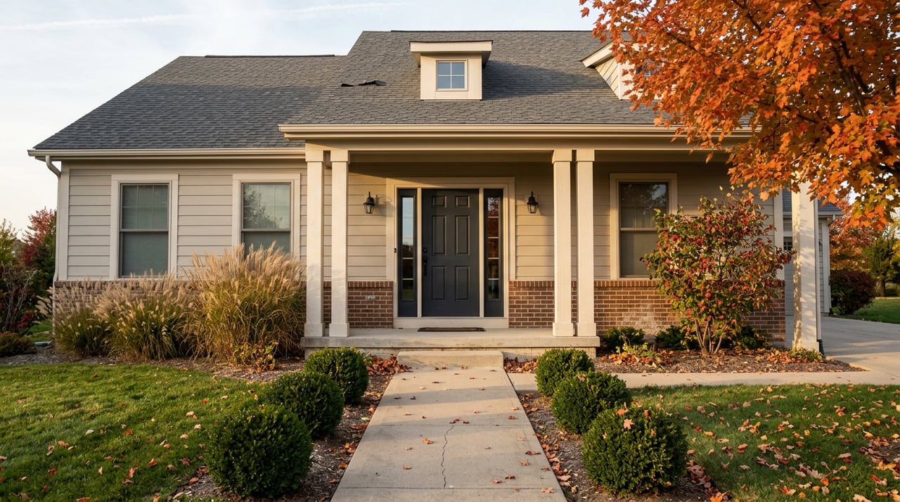 Suburban home with a covered, columned porch, charcoal door, red-brown brick base, and orange-red maple tree.