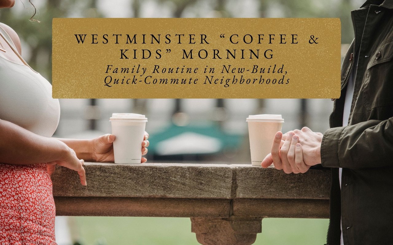 Row of newer single‑family homes in a Westminster subdivision with parked cars and a commuter heading to work on a clear Colorado morning.