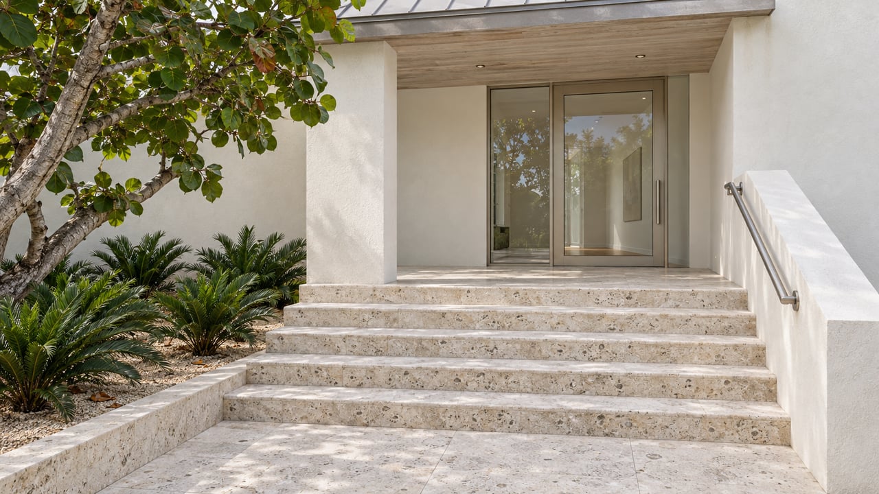 Shell-stone steps lead to a glazed entrance beneath a pale timber porch, beside a sculptural sea grape tree.