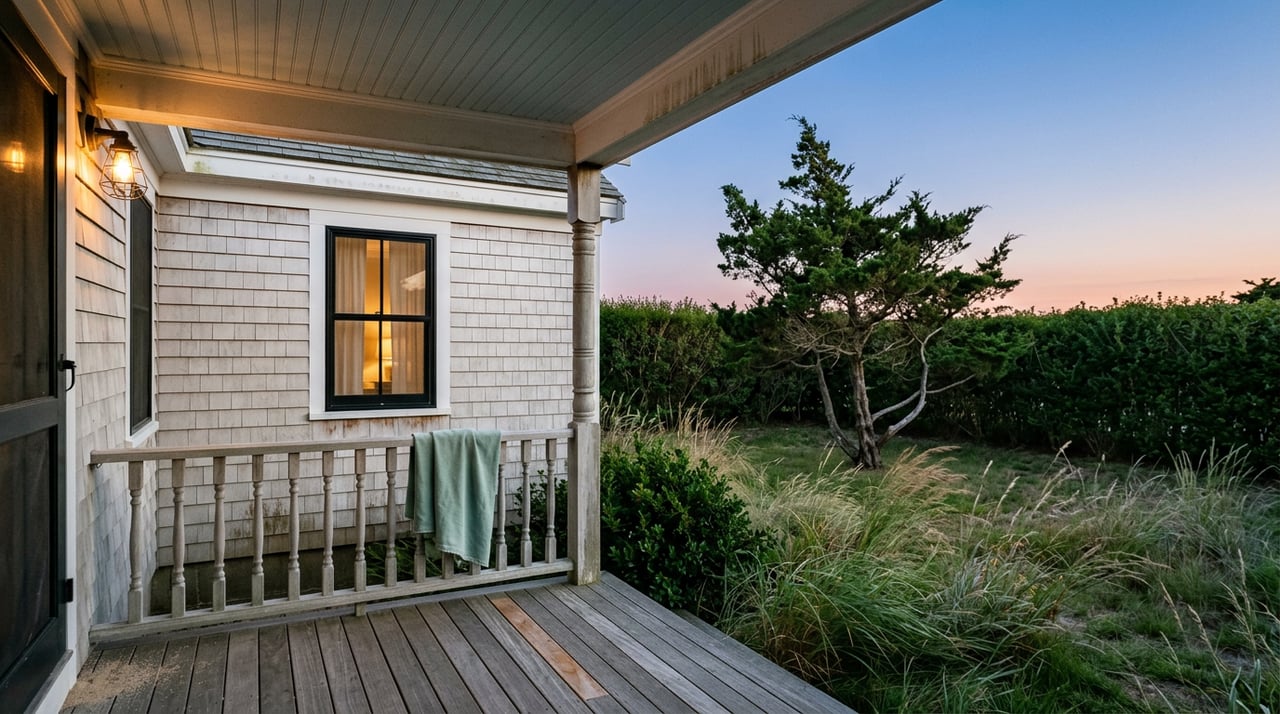 Coastal cottage porch overlooking dune grasses and a windswept cedar at dusk, with a warm caged bulb overhead.