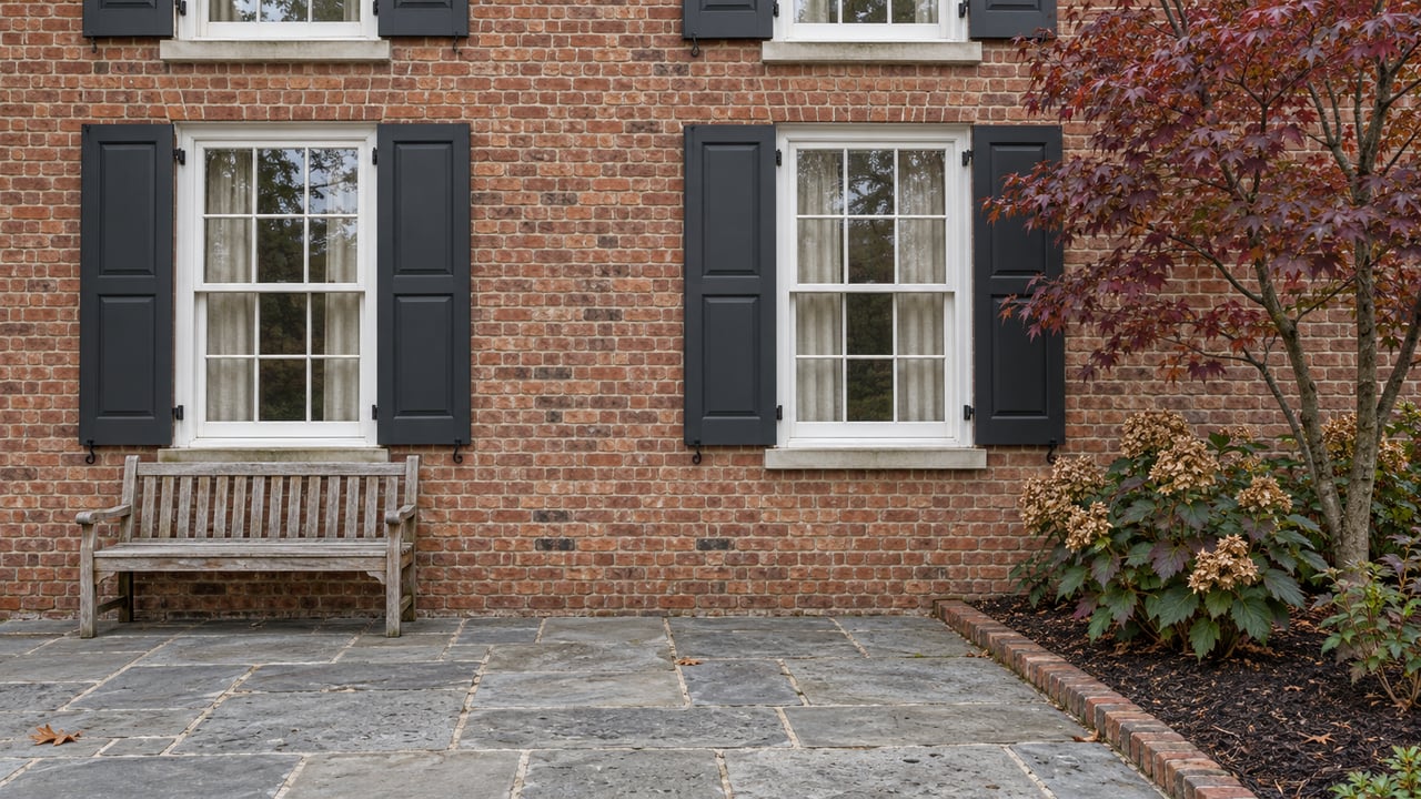 Brick rear elevation with paired shuttered windows, a weathered teak bench and a flagstone terrace beside autumn dogwood and oakleaf hydrangeas.