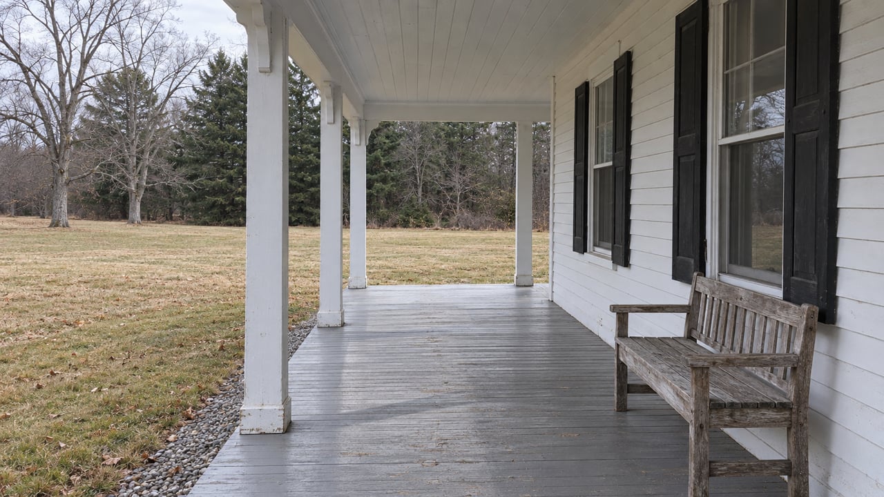 Weathered gray porch floor and white clapboard farmhouse windows beside a dormant lawn and leafless trees in soft winter daylight.