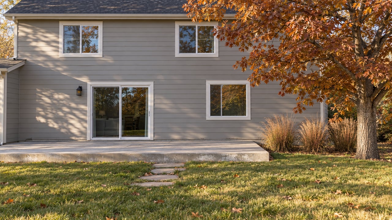 Detached gray two-story house behind a concrete patio, with a russet-leaved oak and tawny grasses at right.