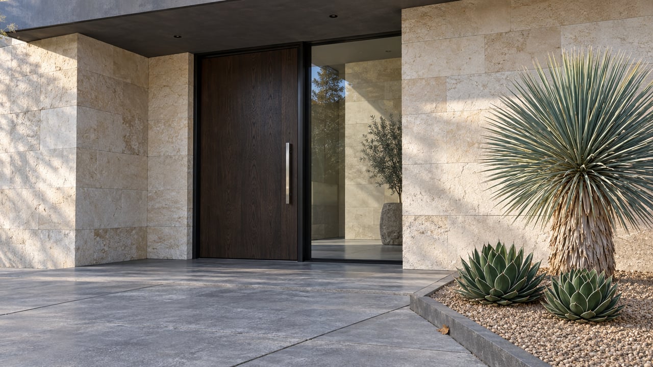 Modern limestone entry with a recessed oak door, glass sidelight, and yucca in a gravel bed.