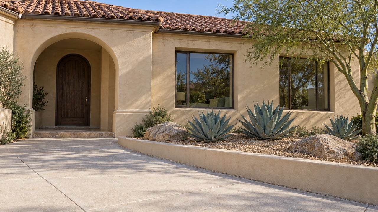Warm stucco home with a recessed arched entrance, terracotta roof and agave planting beside a broad concrete approach.