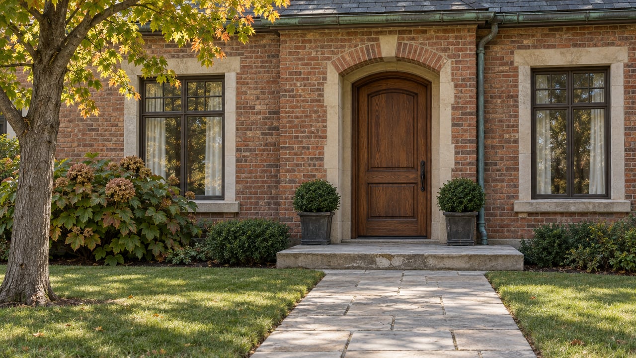 Brick home's oak entry and bronze-framed windows above a limestone approach, with autumn hydrangea and a maple at the lawn's edge.
