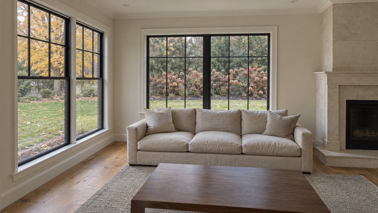 Light-filled living room with oak flooring, limestone fireplace, linen sofa and black-framed windows overlooking an autumn garden.