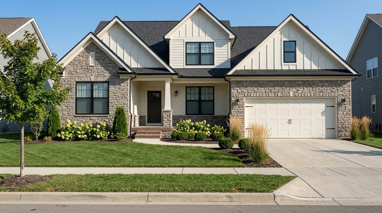A Craftsman house behind a front lawn on a suburban street.