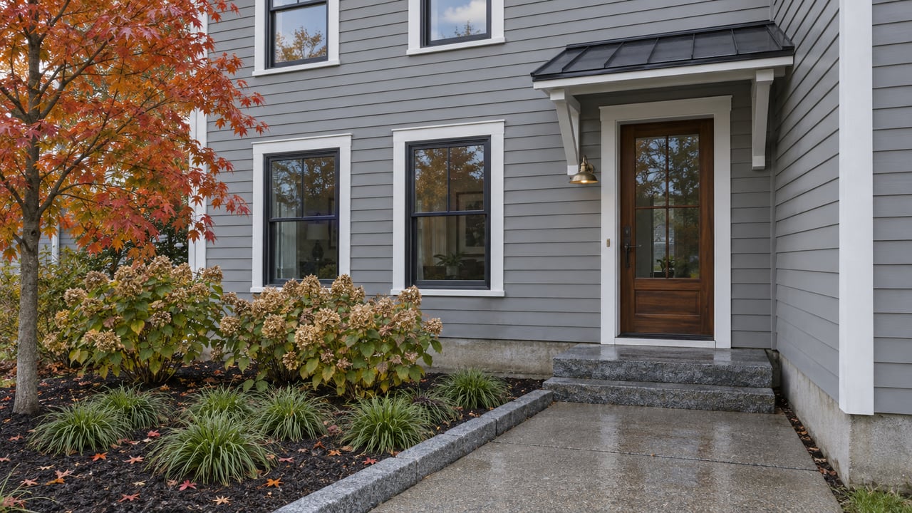 Gray clapboard home with white trim, a sheltered glazed entry, granite steps and autumn planting beside a damp concrete approach.