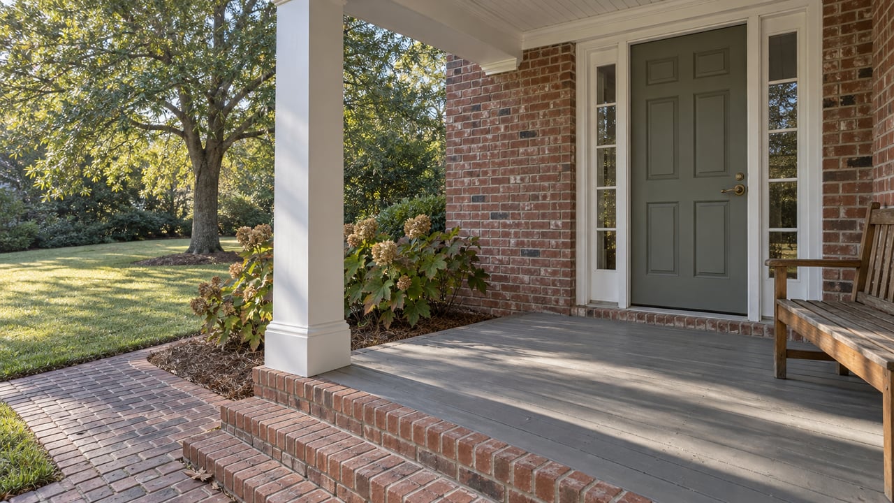 Brick home porch with a gray-green front door, paired sidelights, weathered wooden bench and brick steps leading toward a broad lawn and mature willow oak.