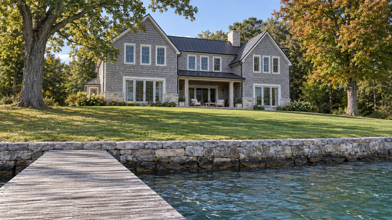 A weathered timber pier leads toward a gray-shingled lakefront home above a limestone shoreline wall and broad sloping lawn framed by mature trees.