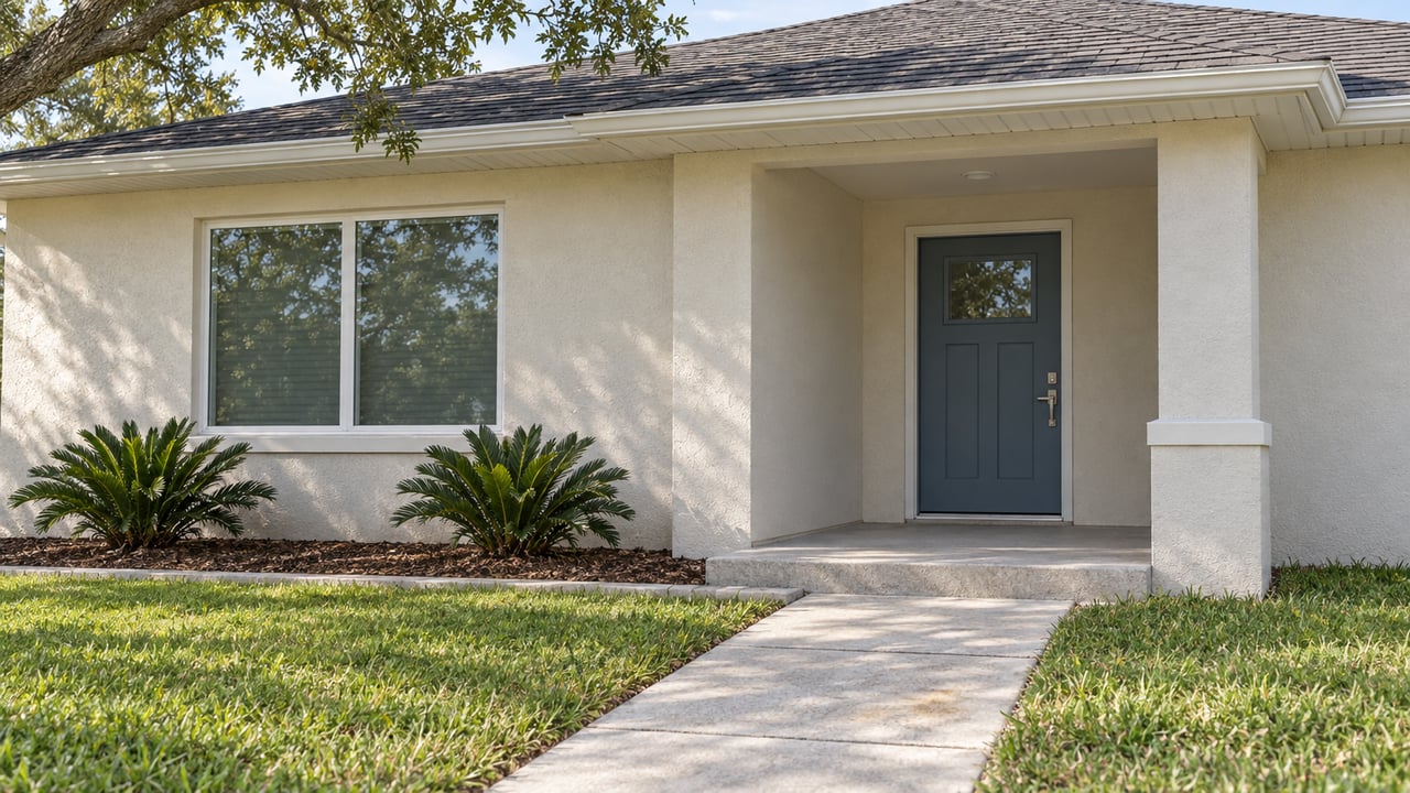 A pale stucco home with a recessed blue-gray front door, shaded porch, concrete approach and a lawn bordered by two coontie plants.