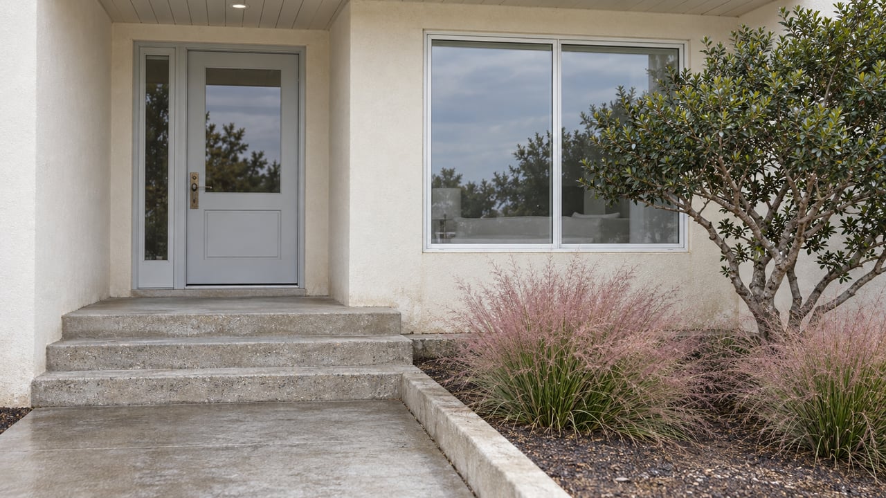 Ivory stucco home entry with a pale gray glazed door, broad window, concrete steps and pink muhly grass beside a sculptural yaupon holly.