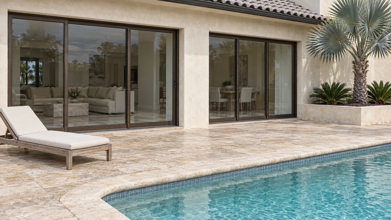 Pale stucco home with bronze-framed glass doors, a limestone terrace, teak chaise, silver fan palm and turquoise pool corner.