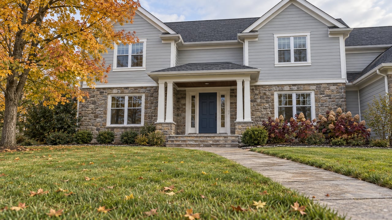 Stone-and-gray-siding home beyond a deep autumn lawn, with a concrete approach, blue front door and a yellowing maple.